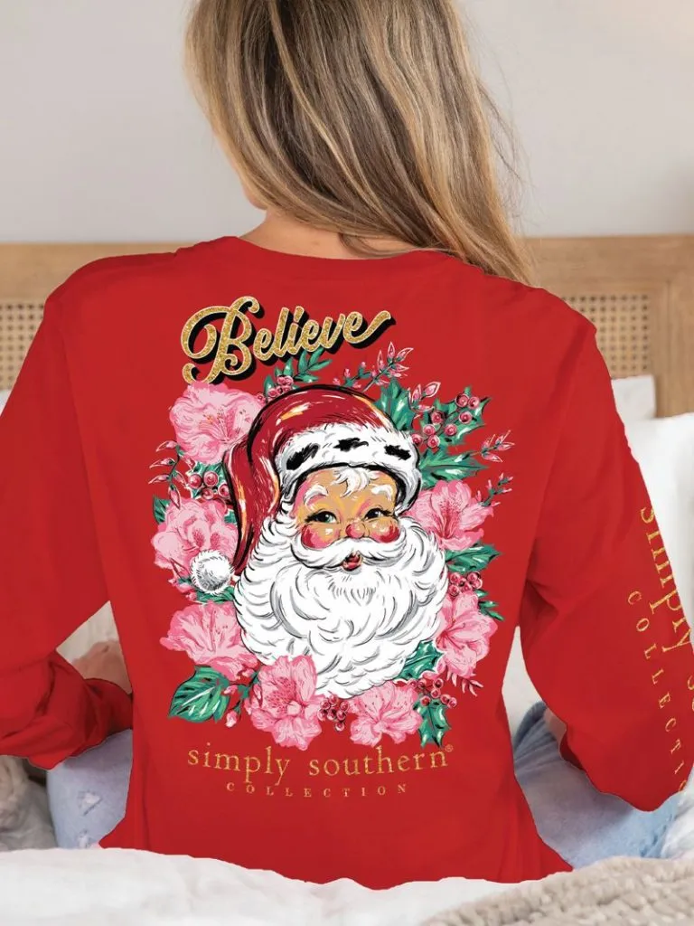 'Believe' Floral Santa Long Sleeve Tee by Simply Southern