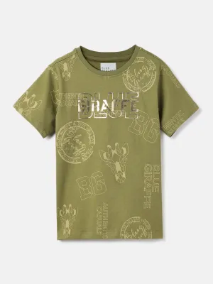 Blue Giraffe Boys Olive Printed Round Neck Short Sleeves T-Shirt