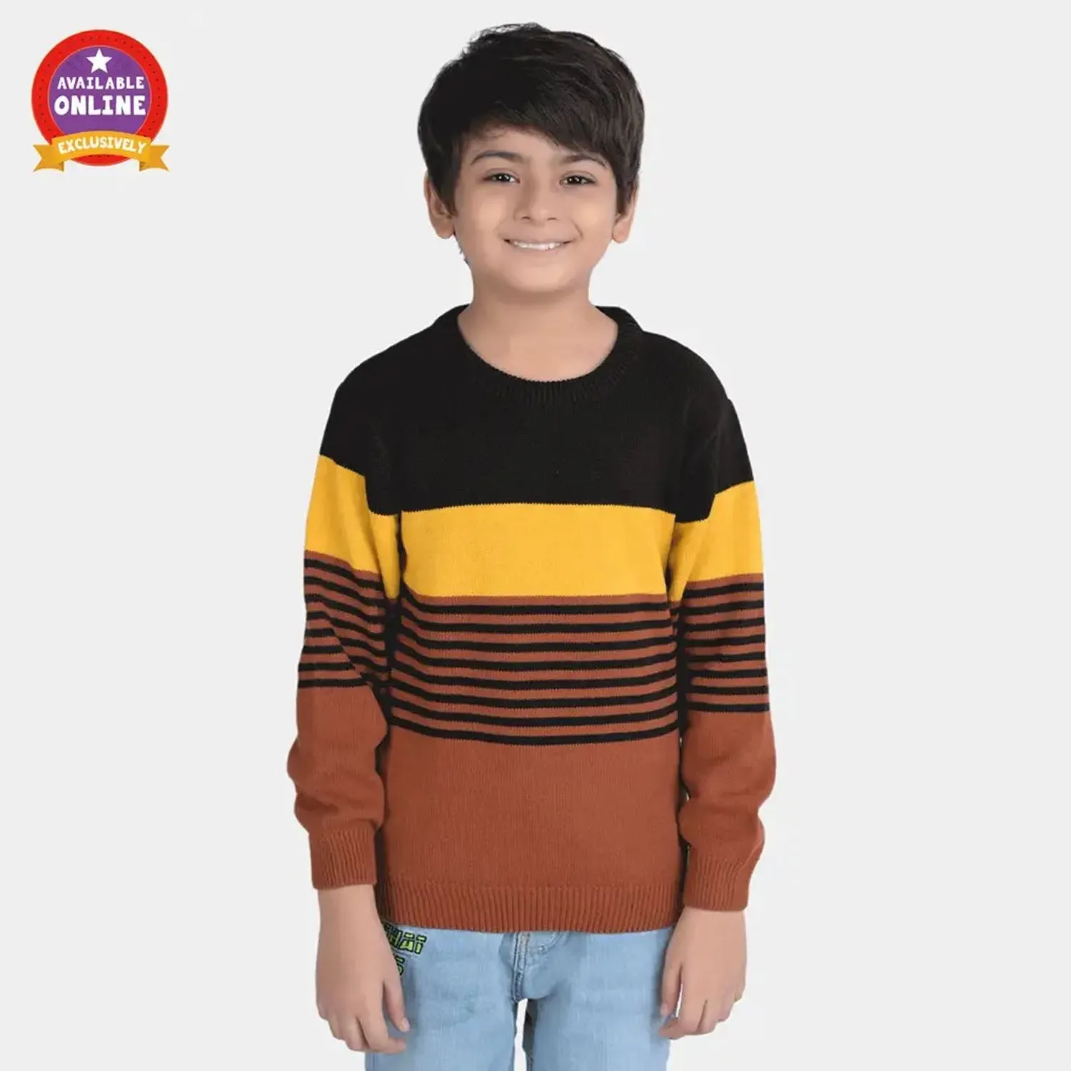 Boys Acrylic Full Sleeves Sweater Striper-Rust/Yellow