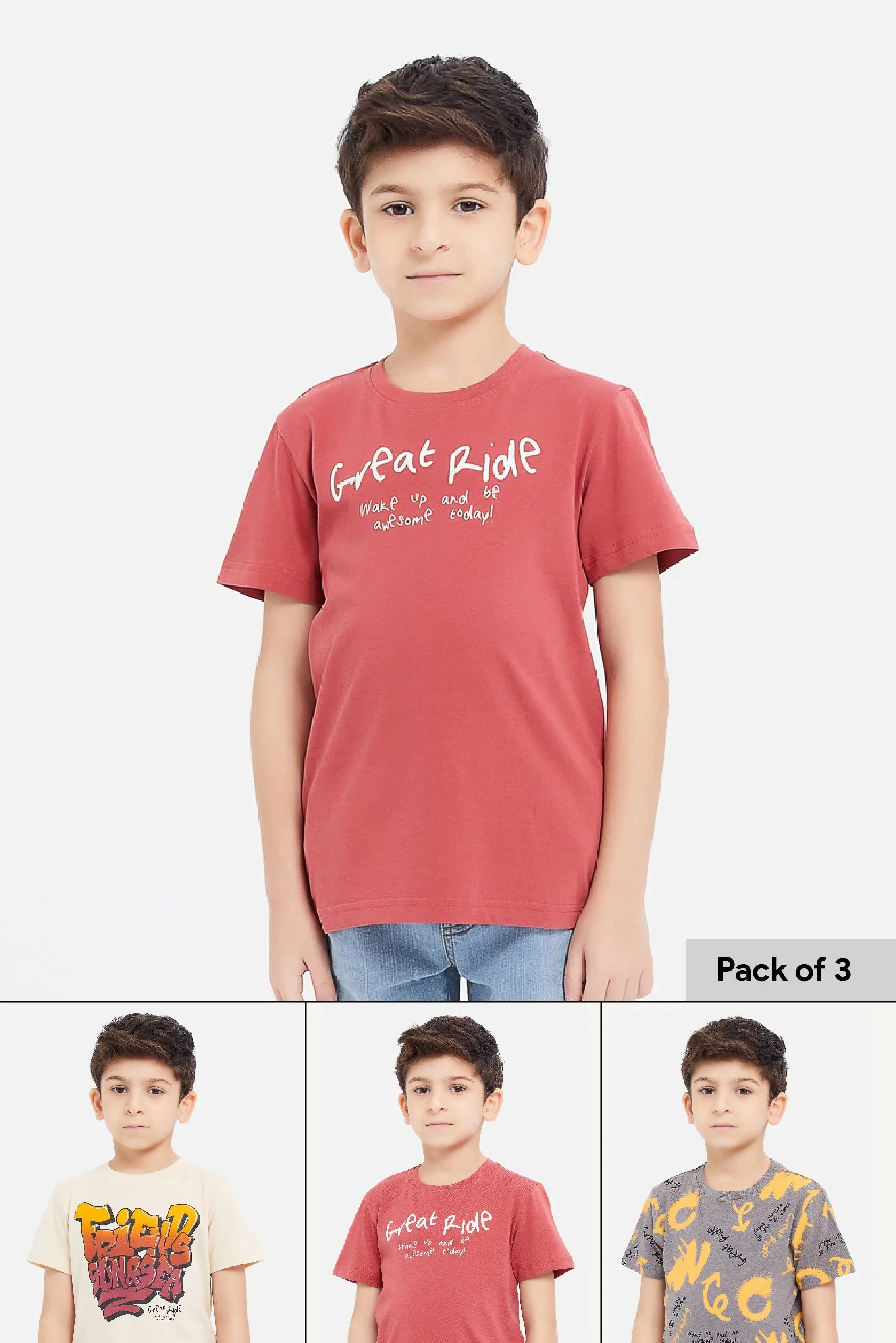 Boys Assorted Typograph Short Sleeve T-Shirt Set (Pack Of 3)