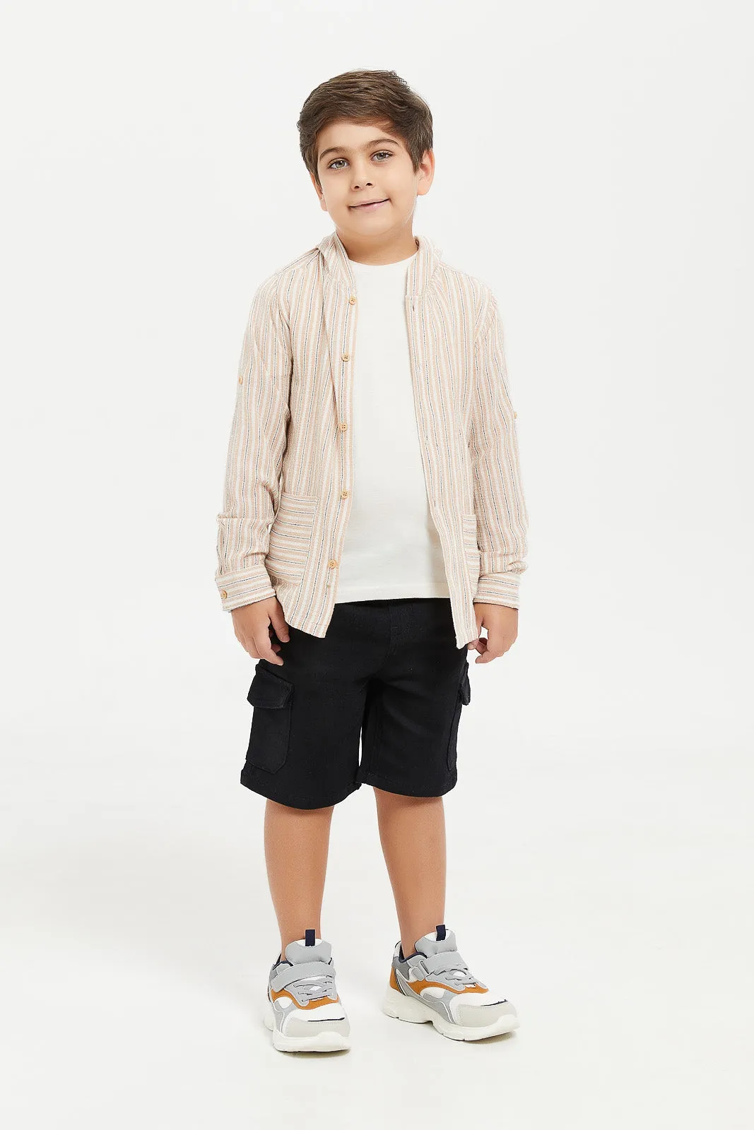 Boys Beige And White Hooded Shirt And T-Shirt Set (2 Piece)