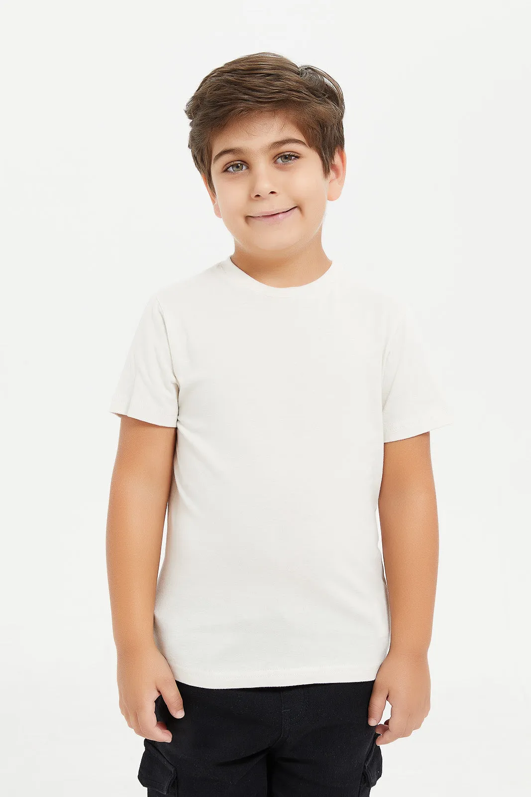 Boys Beige And White Hooded Shirt And T-Shirt Set (2 Piece)