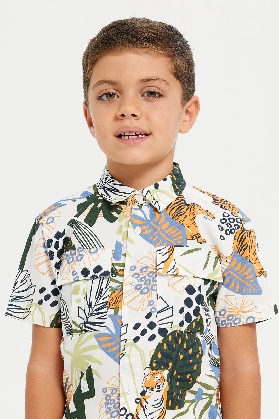 Boys Beige Jungle Print Shirt