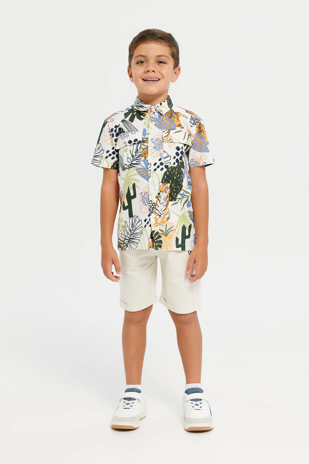 Boys Beige Jungle Print Shirt