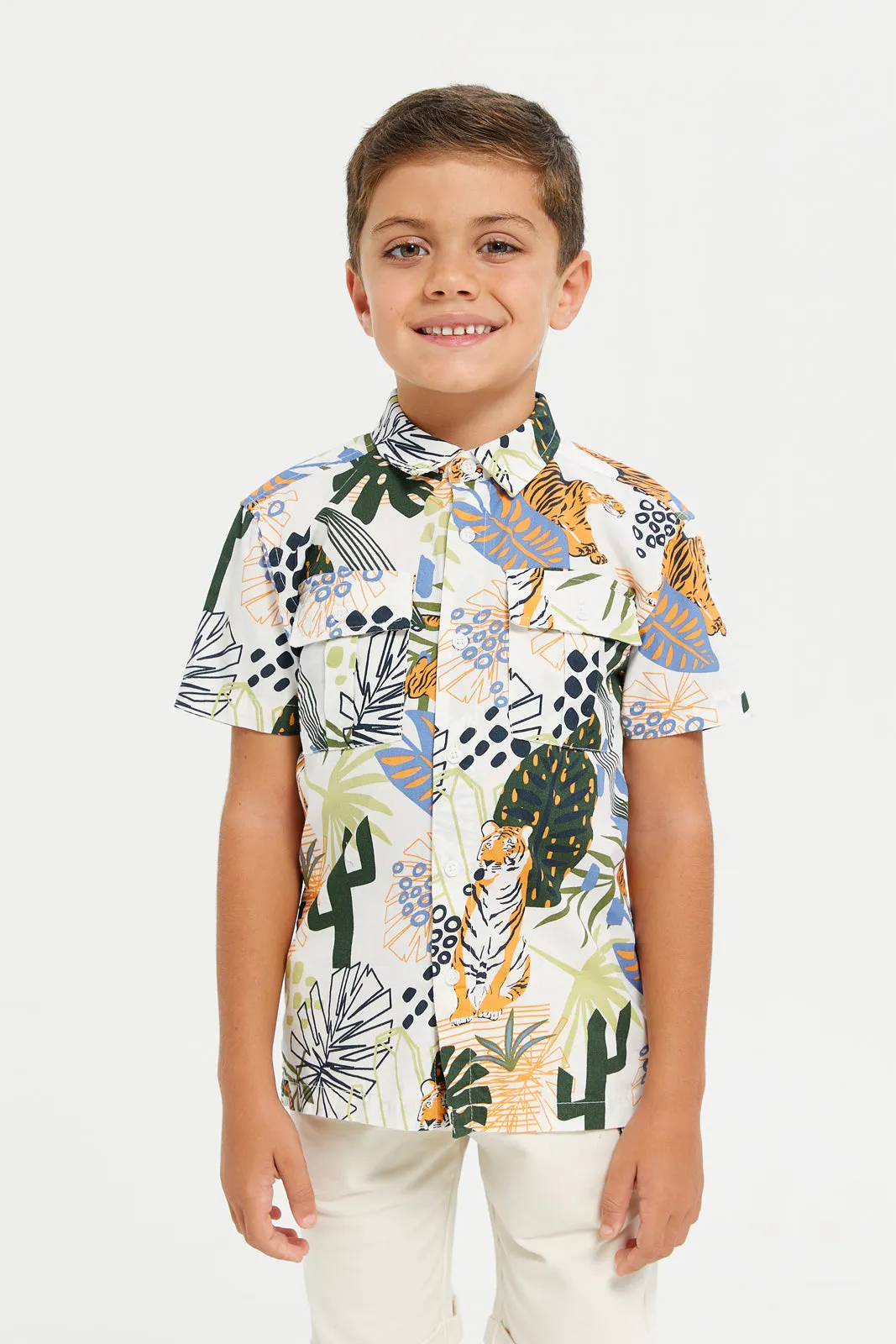 Boys Beige Jungle Print Shirt