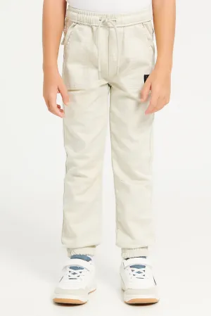 Boys Beige Plain Knitted Denim Jogger