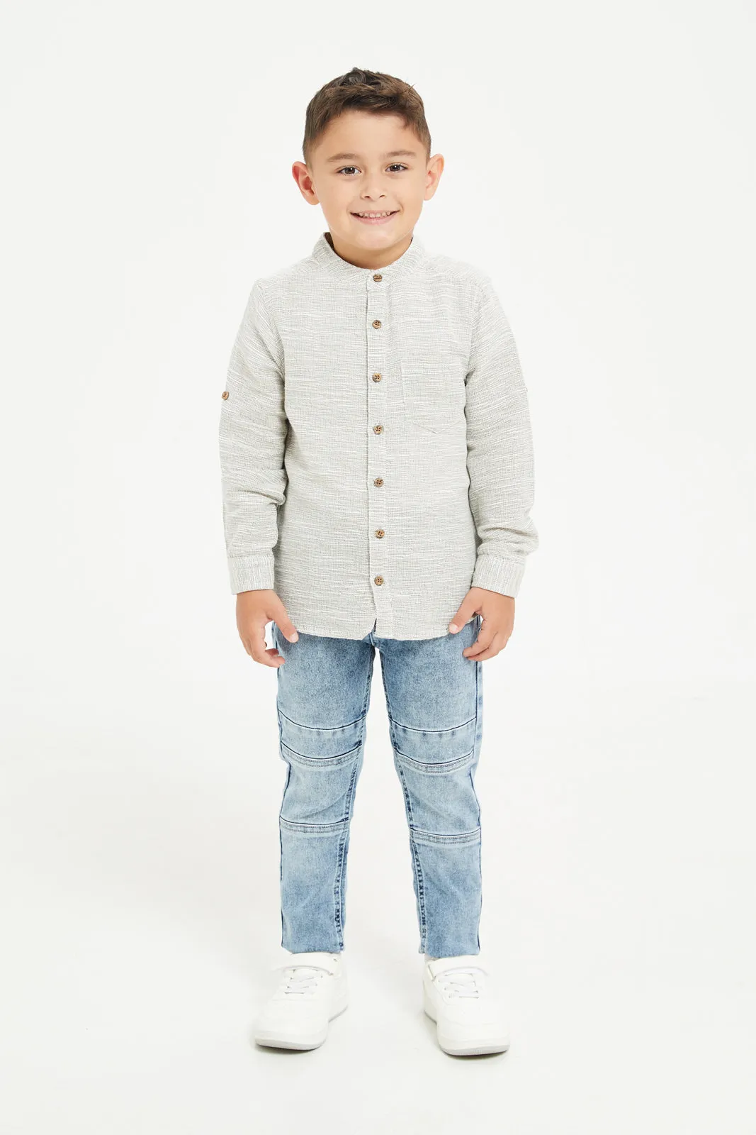 Boys Ecru Mandarin Collar Shirt