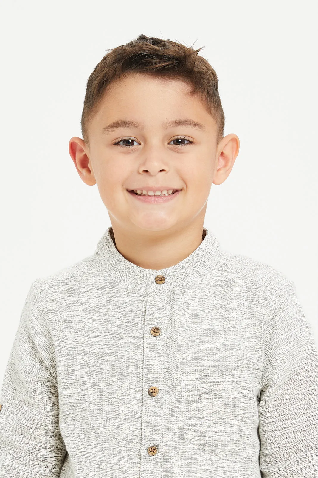 Boys Ecru Mandarin Collar Shirt