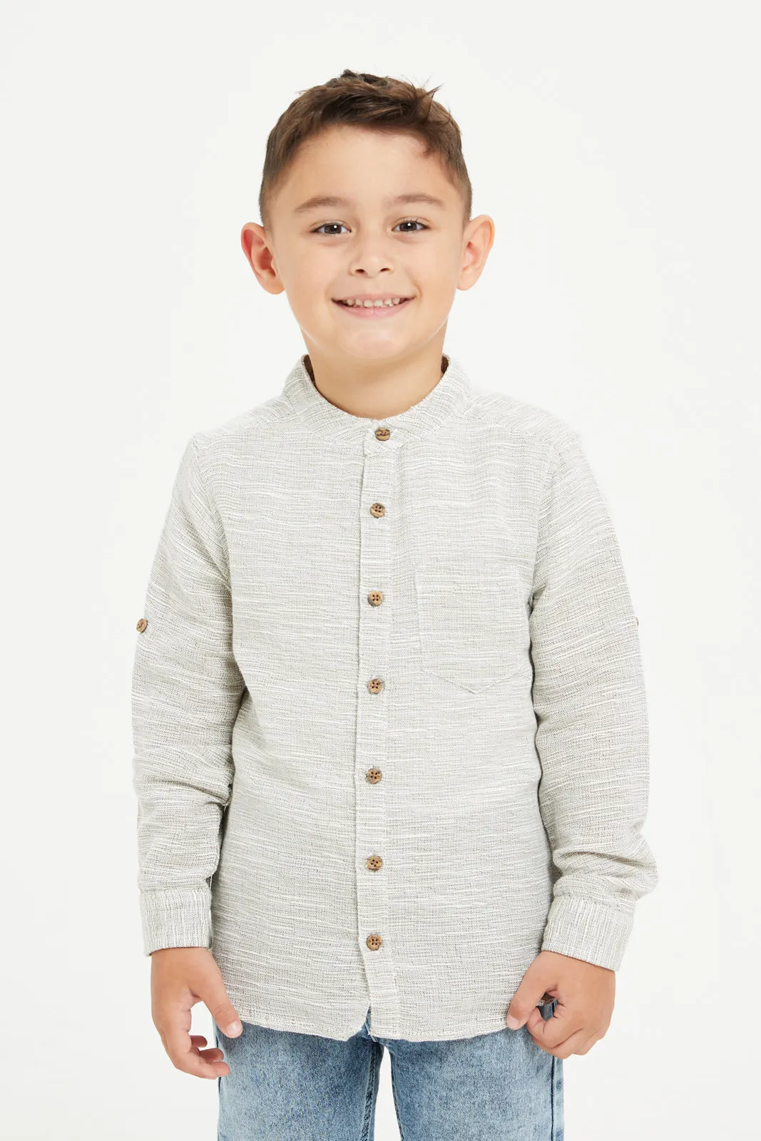 Boys Ecru Mandarin Collar Shirt