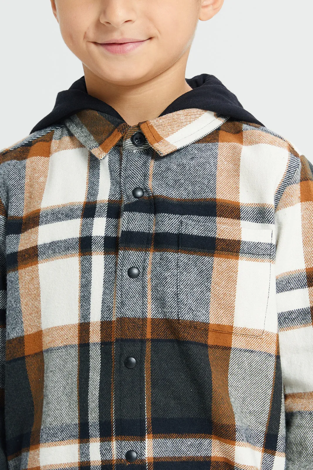 Boys Multicolour Checkered Shirt With Detachable Hooded