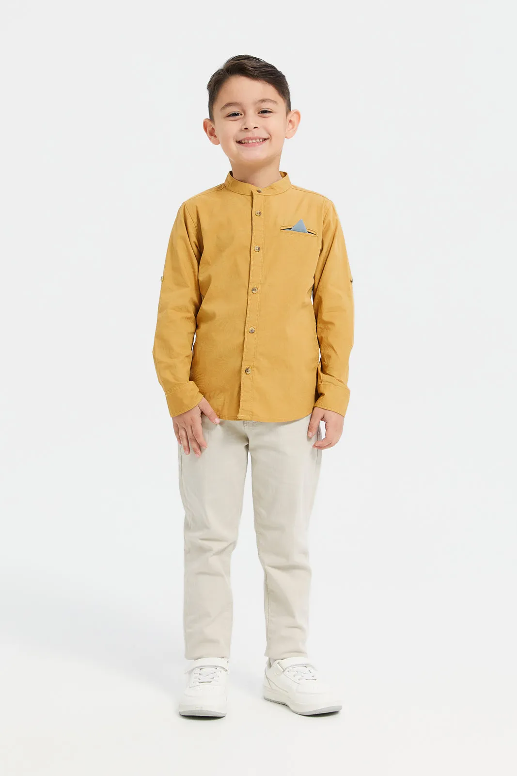 Boys Mustard Printed Mandarin Shirt