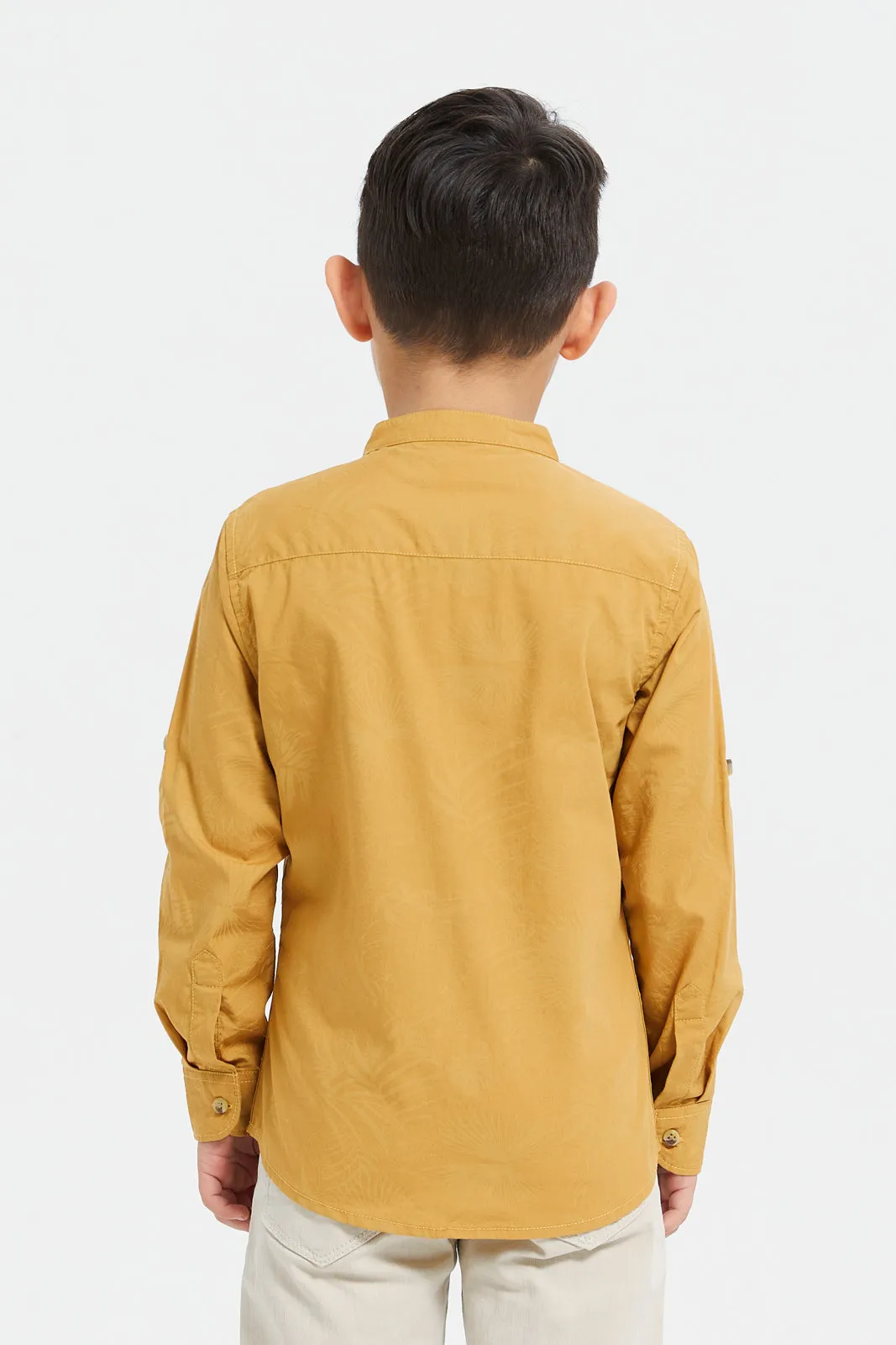 Boys Mustard Printed Mandarin Shirt