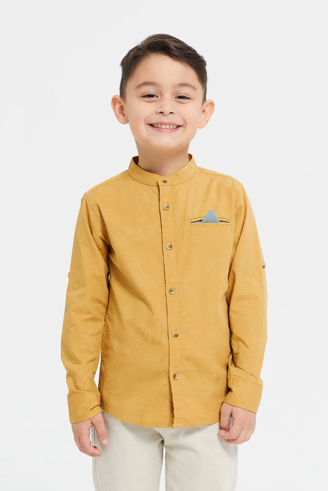 Boys Mustard Printed Mandarin Shirt