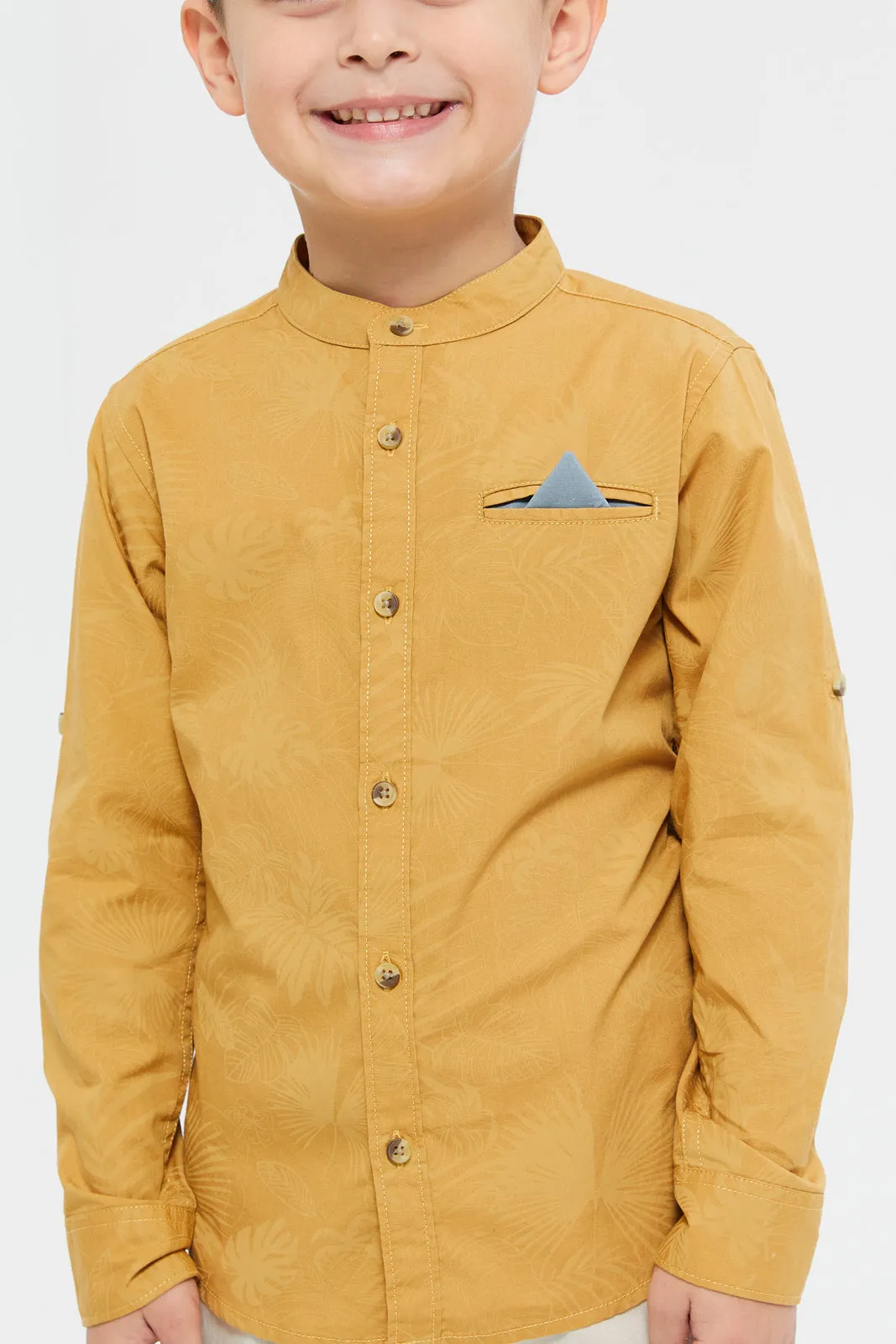 Boys Mustard Printed Mandarin Shirt