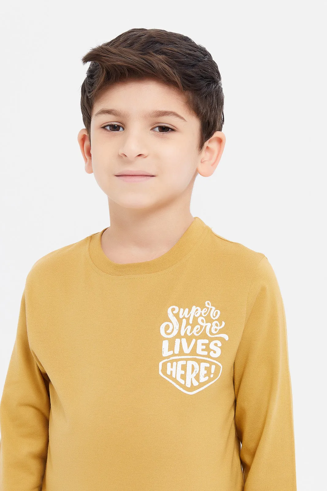 Boys Orange And Mustard Printed T-Shirt Set (Pack Of 2)