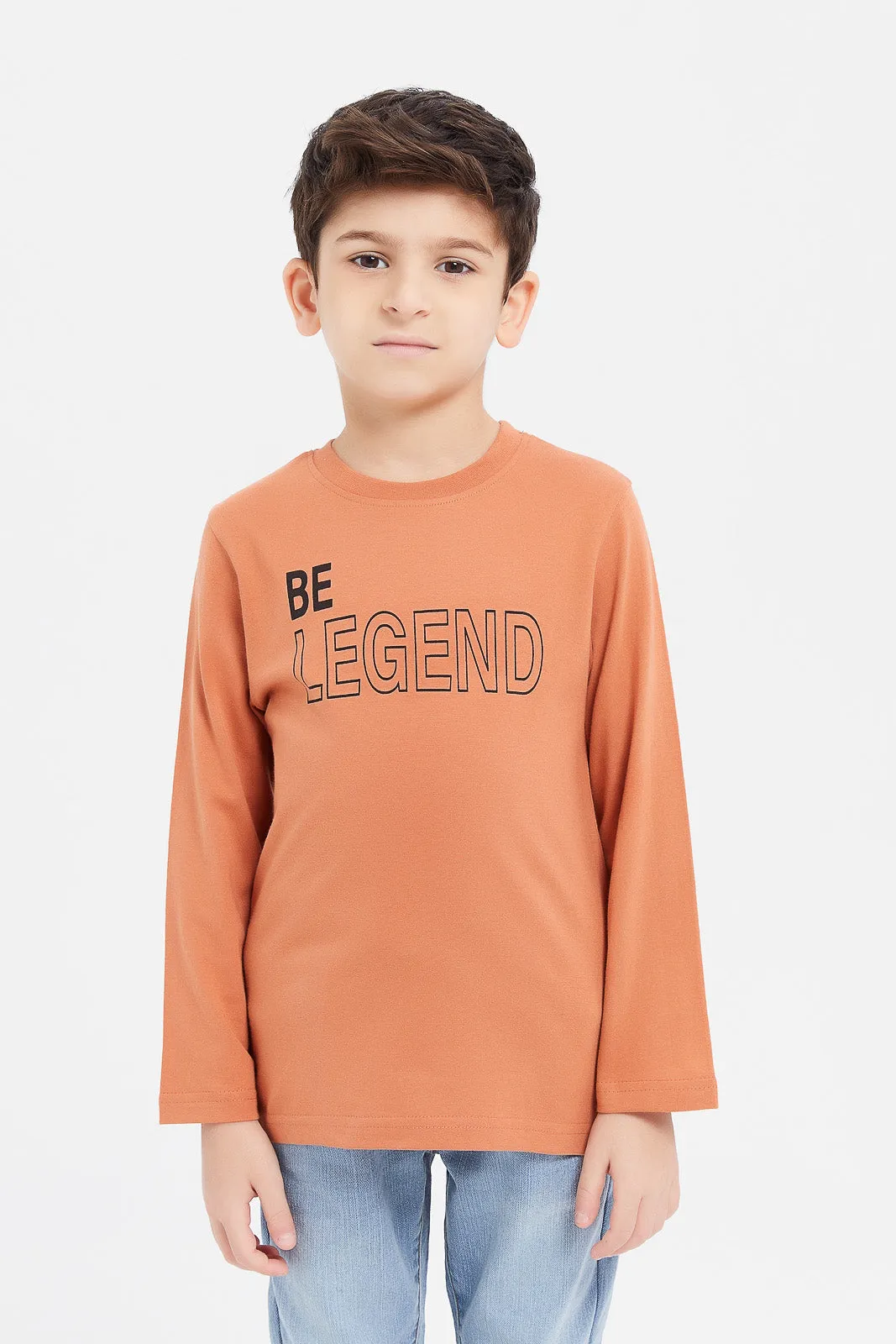 Boys Orange And Mustard Printed T-Shirt Set (Pack Of 2)