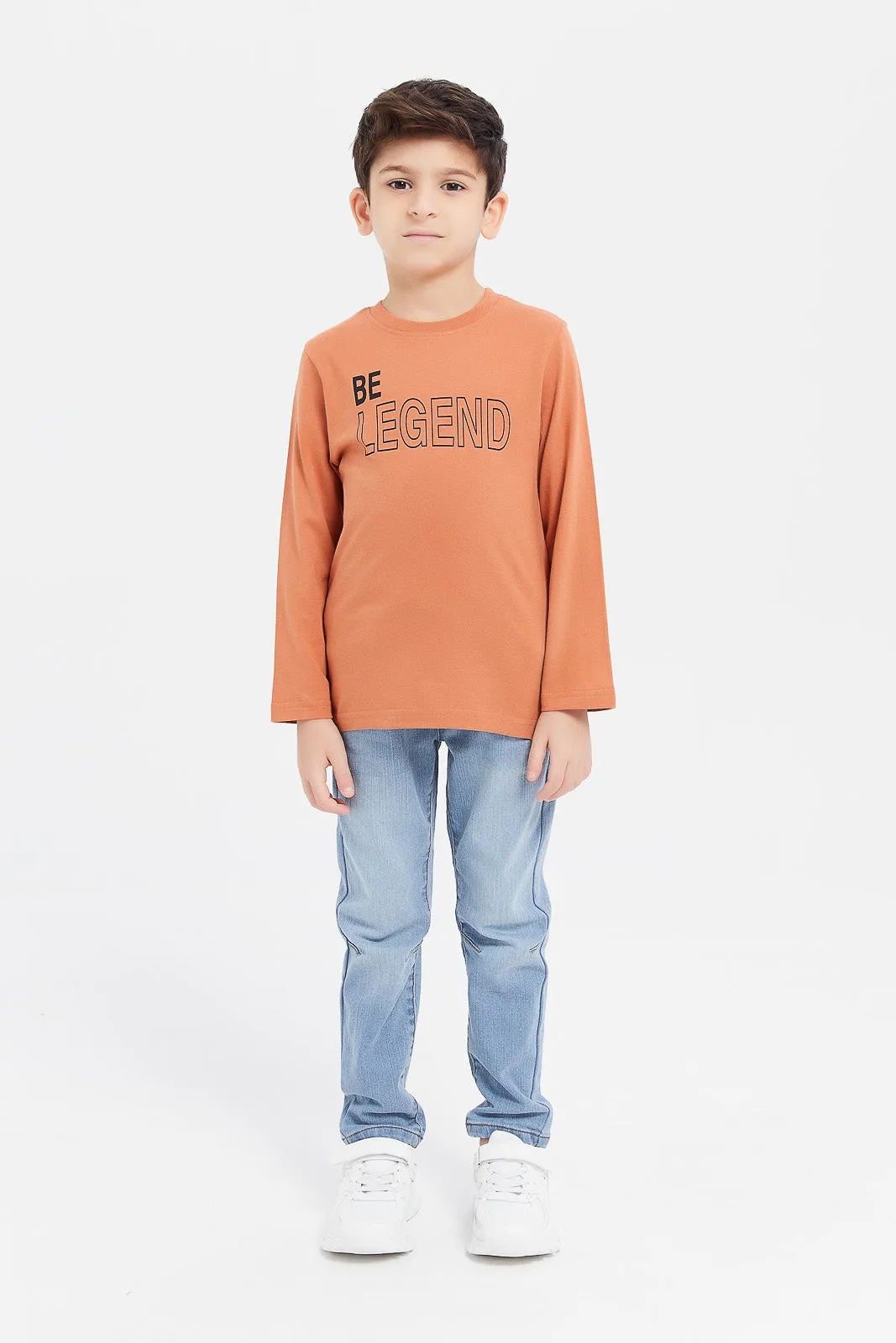 Boys Orange And Mustard Printed T-Shirt Set (Pack Of 2)