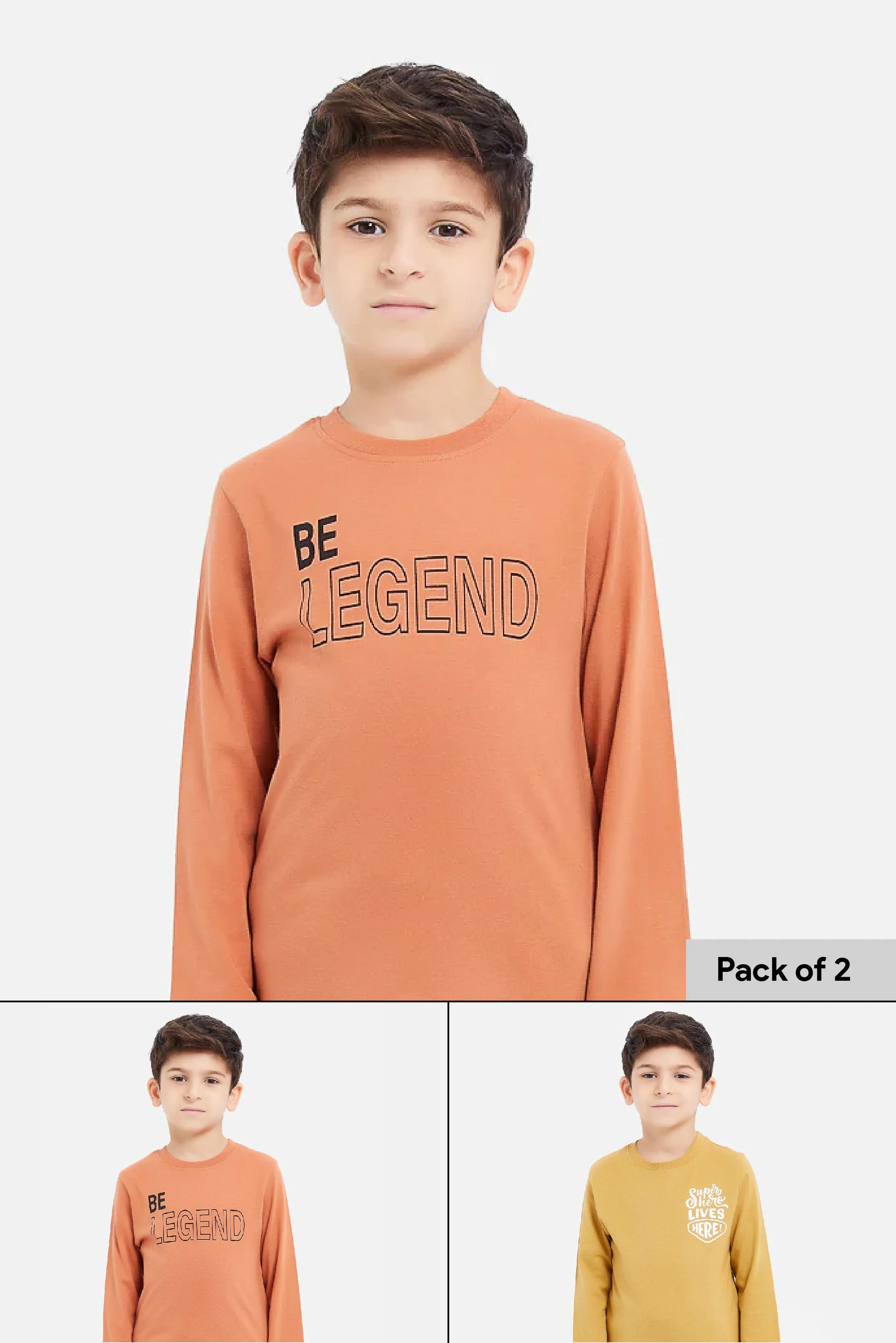 Boys Orange And Mustard Printed T-Shirt Set (Pack Of 2)