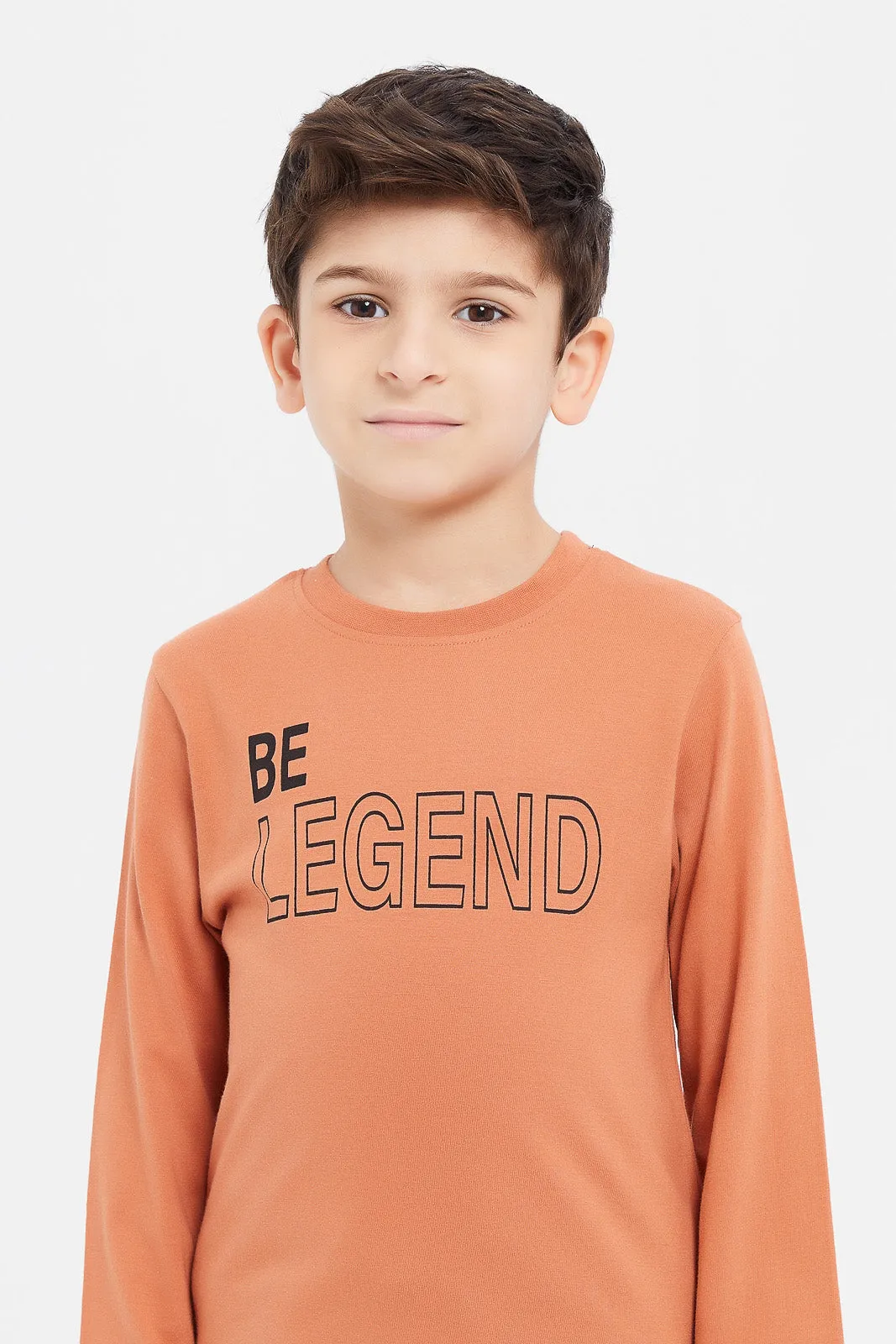 Boys Orange And Mustard Printed T-Shirt Set (Pack Of 2)