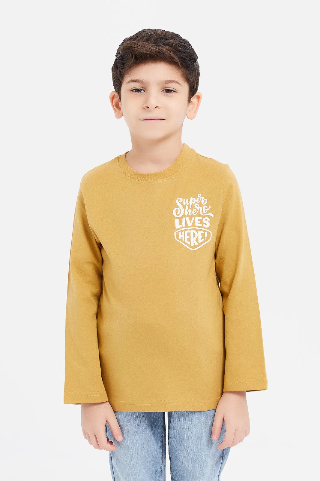 Boys Orange And Mustard Printed T-Shirt Set (Pack Of 2)