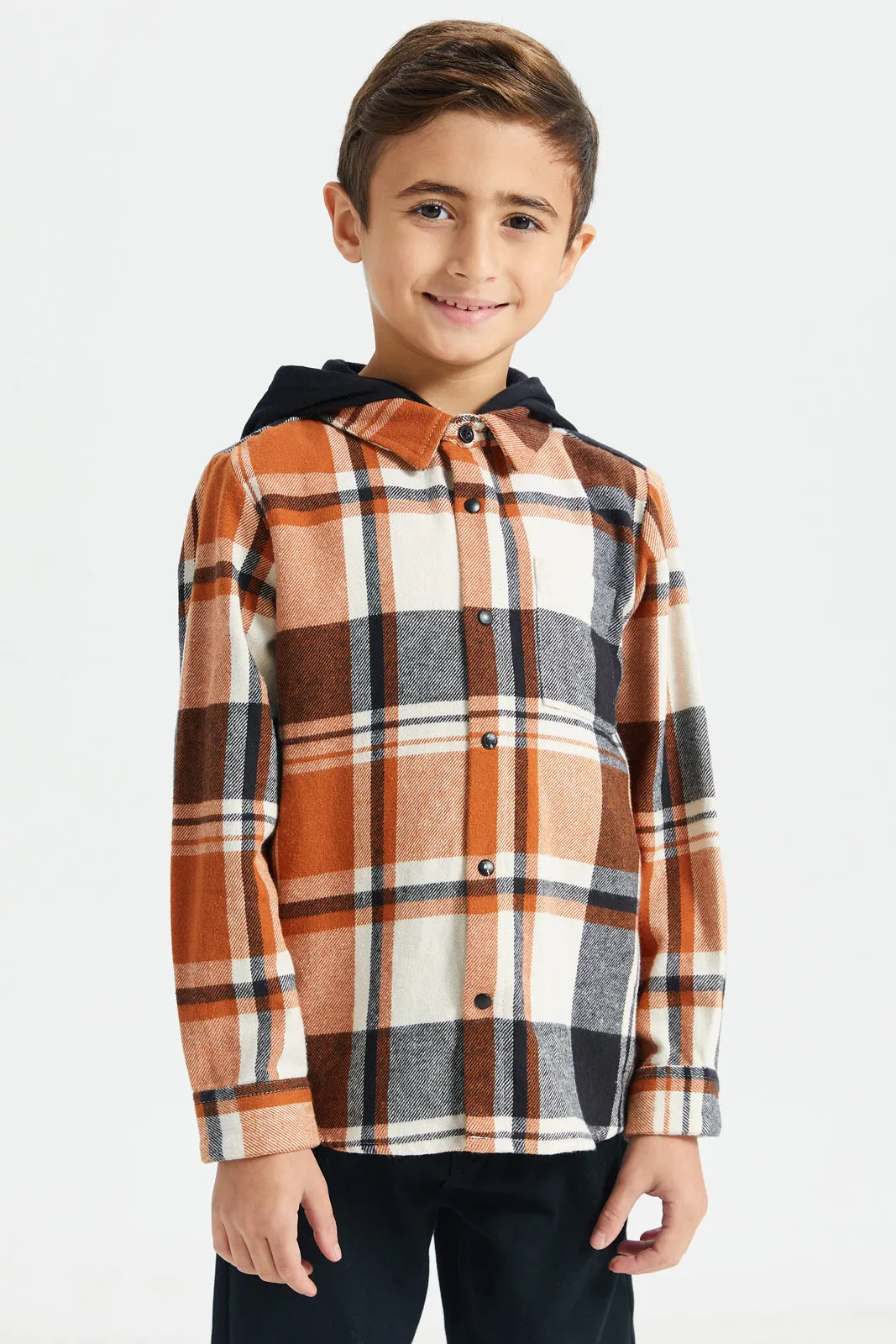 Boys Rust Checkered Shirt With Detachable Hooded