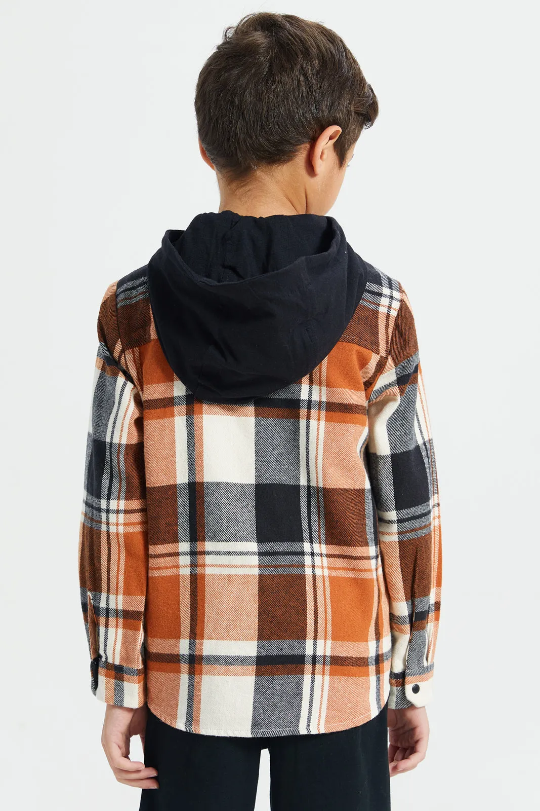 Boys Rust Checkered Shirt With Detachable Hooded