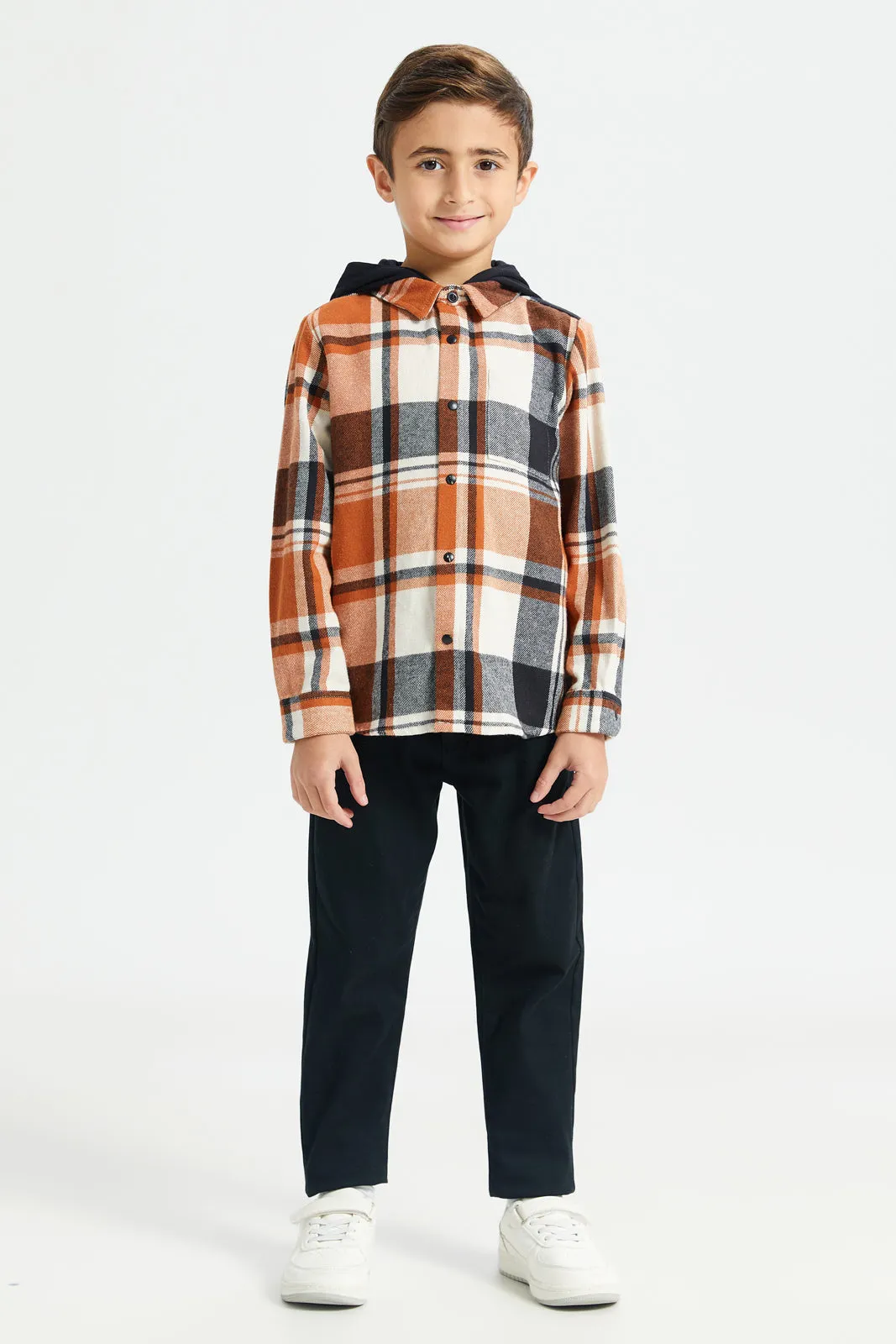 Boys Rust Checkered Shirt With Detachable Hooded