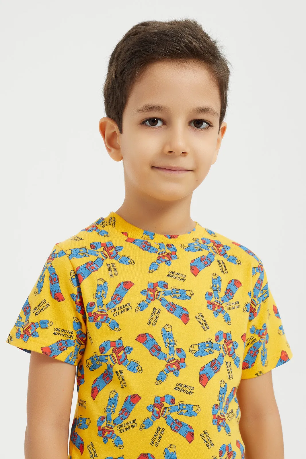 Boys Teal And Yellow Printed T-Shirt Set (2 Piece)