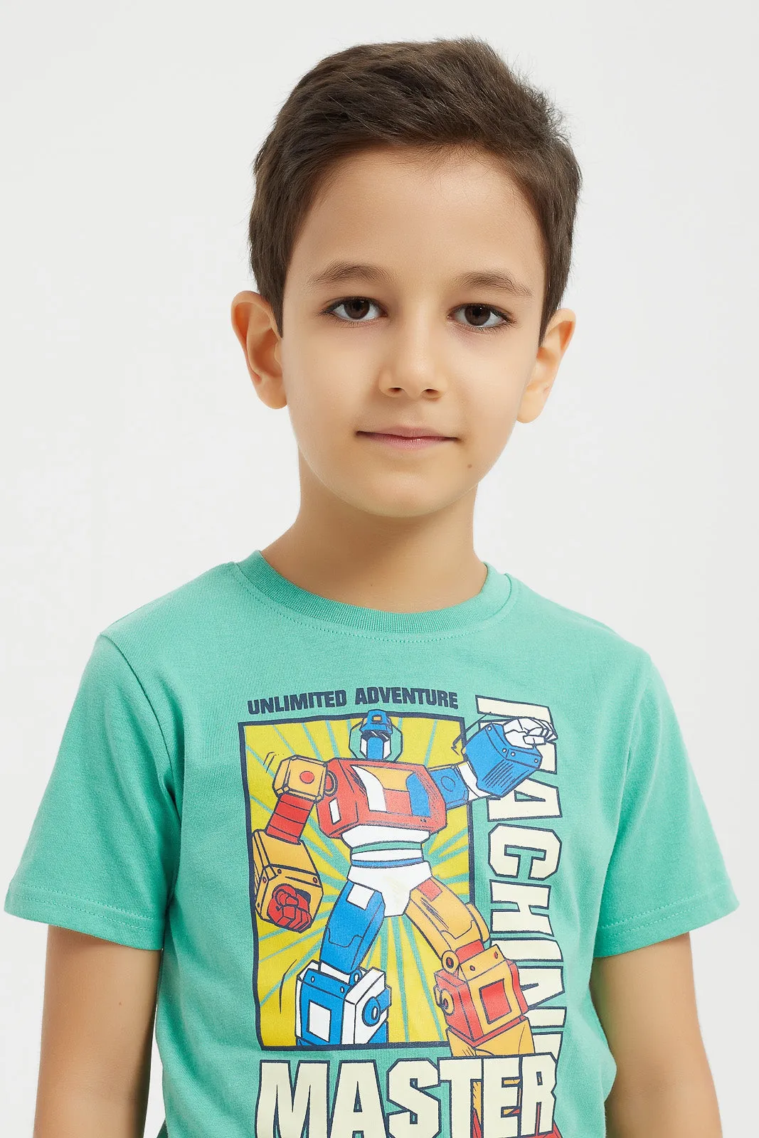 Boys Teal And Yellow Printed T-Shirt Set (2 Piece)