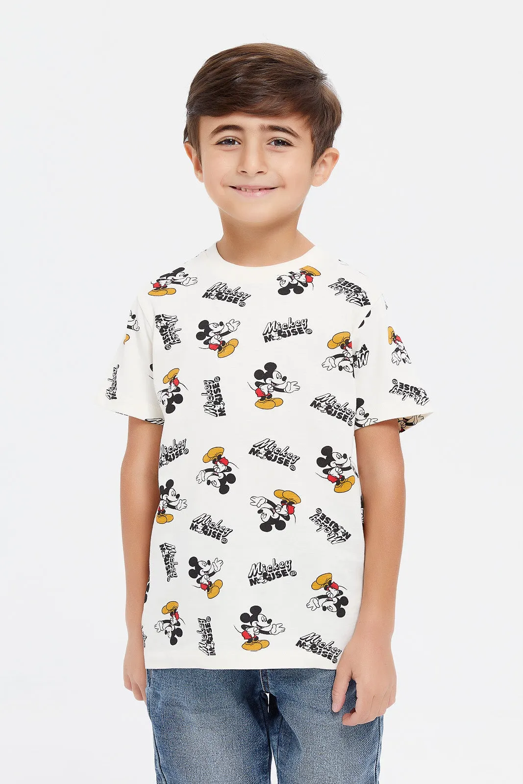 Boys White And Mustard Mickey Mouse T-Shirt Set (2 Piece)