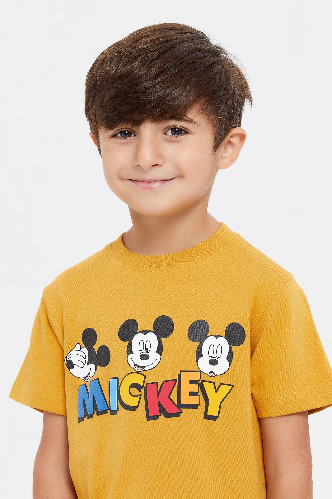 Boys White And Mustard Mickey Mouse T-Shirt Set (2 Piece)