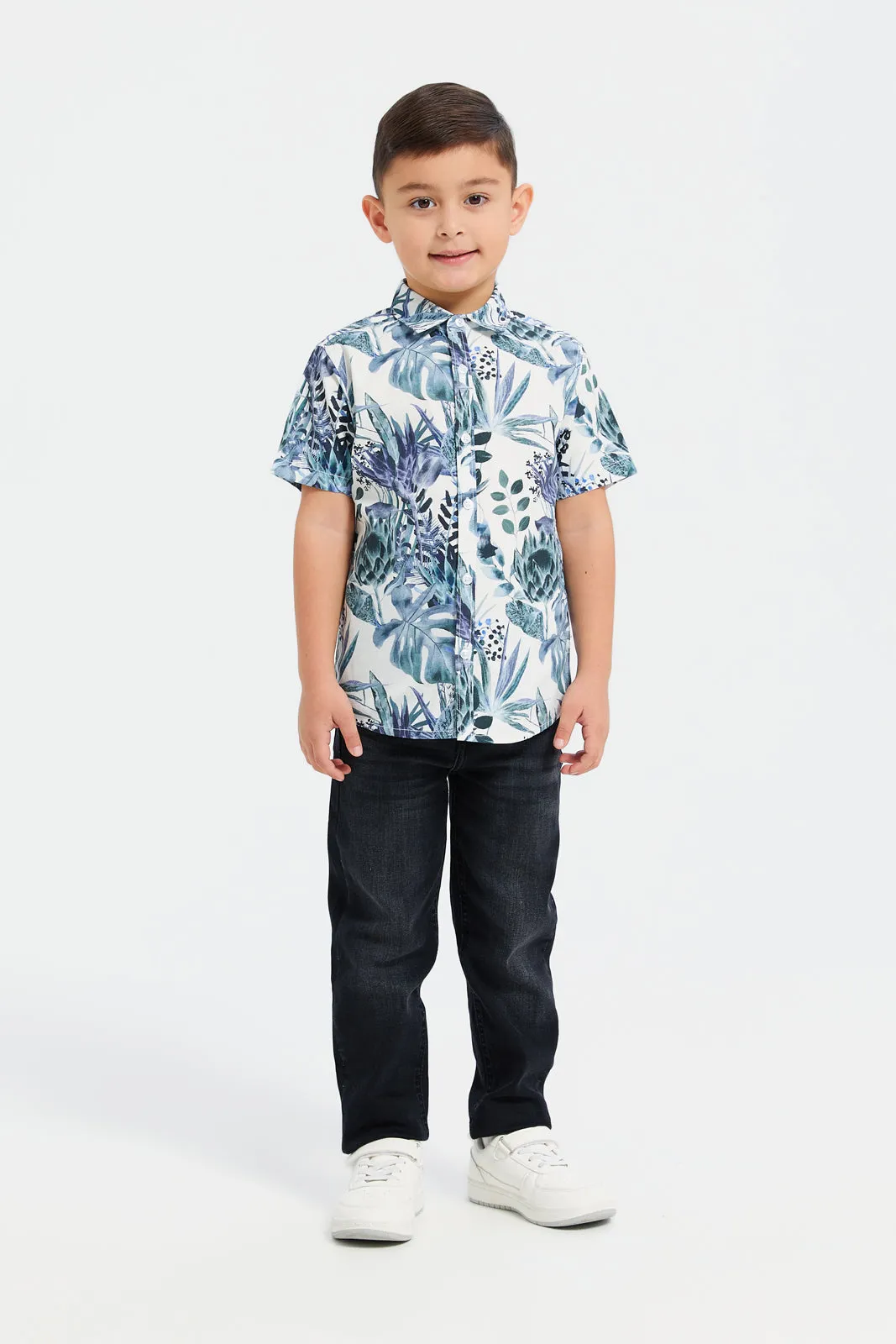 Boys White Floral Print Shirt