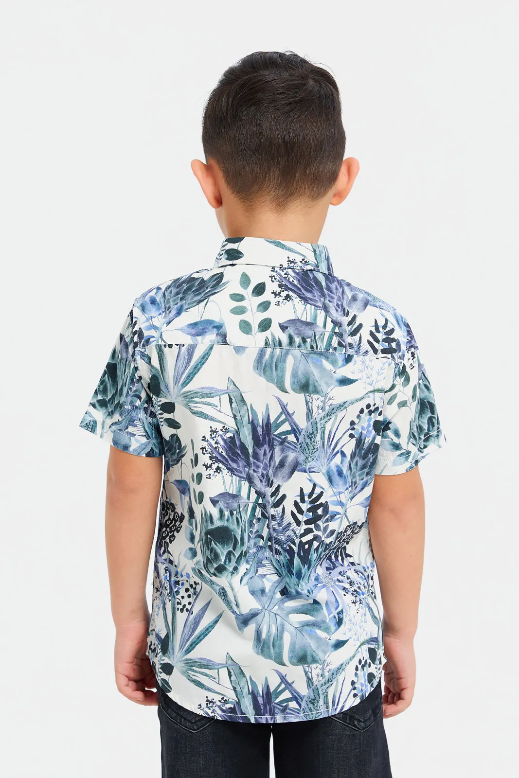 Boys White Floral Print Shirt