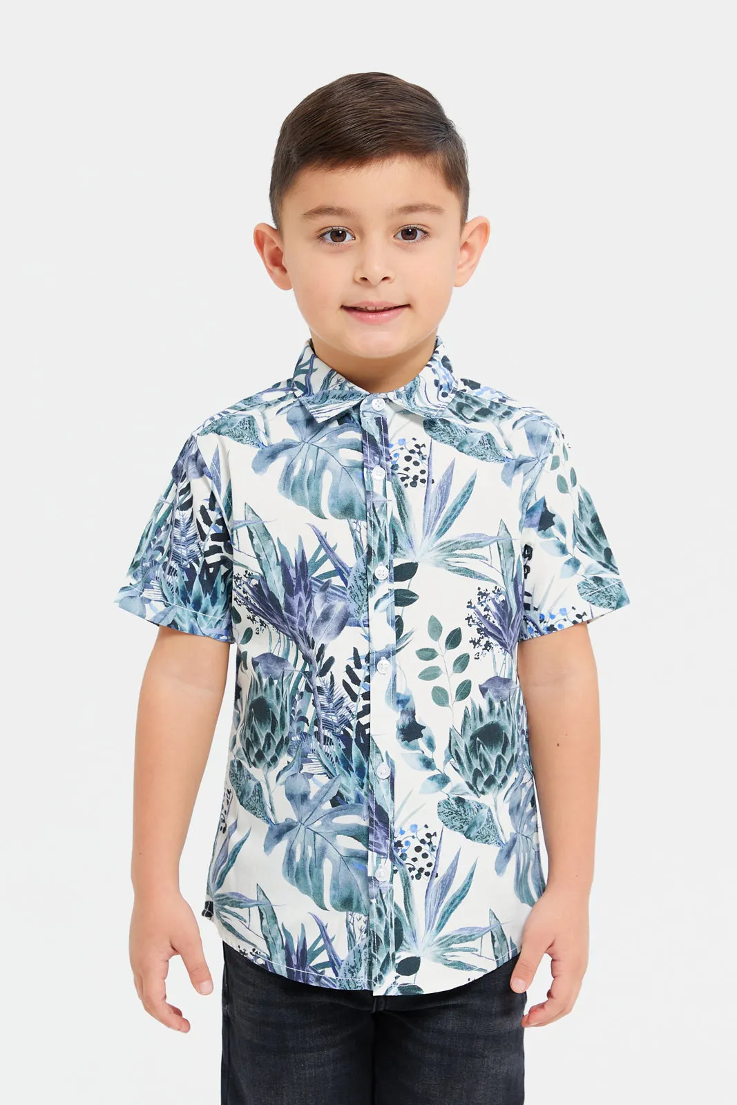 Boys White Floral Print Shirt