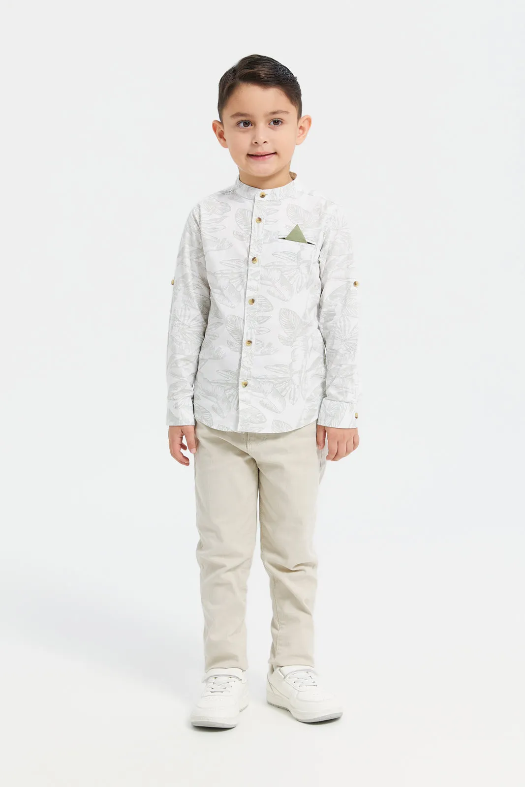 Boys White Printed Mandarin Shirt