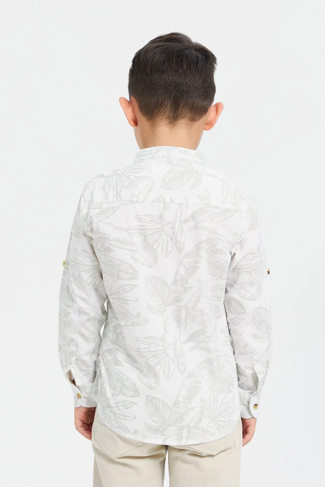 Boys White Printed Mandarin Shirt