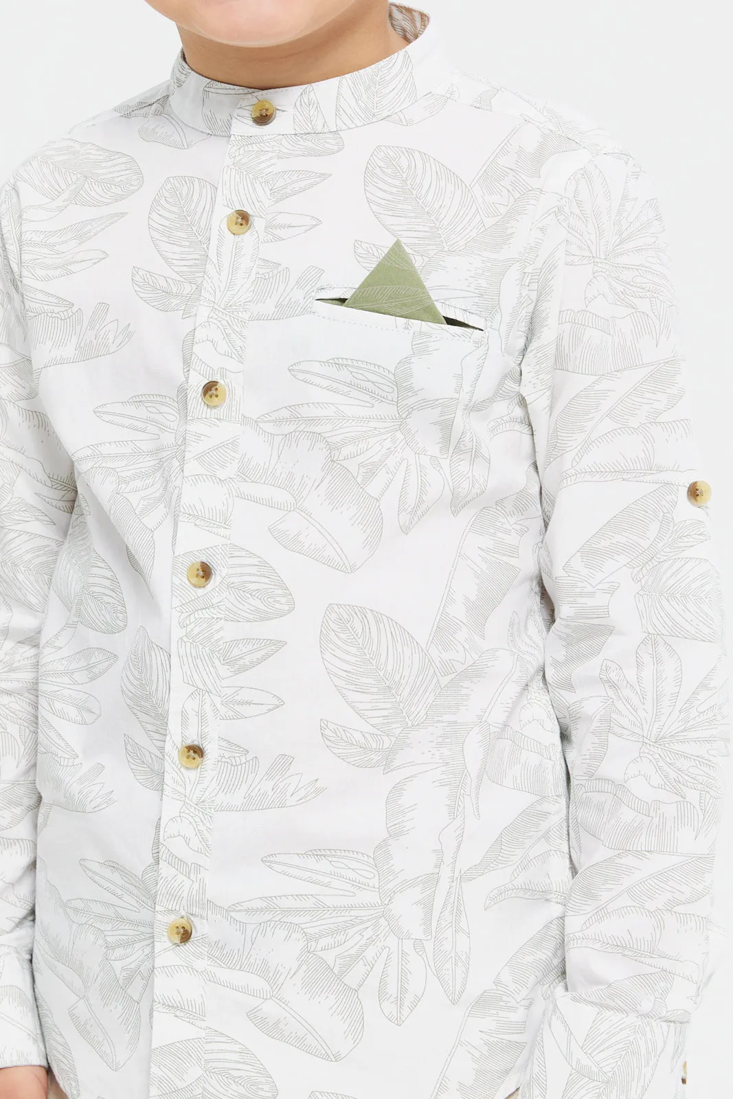 Boys White Printed Mandarin Shirt