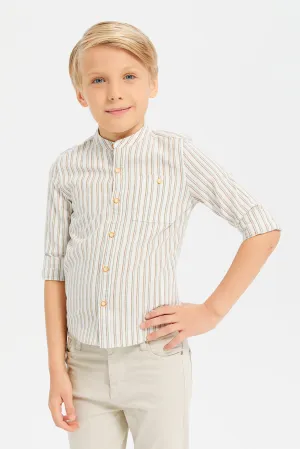 Boys White Stripe Mandarin Collar Shirt