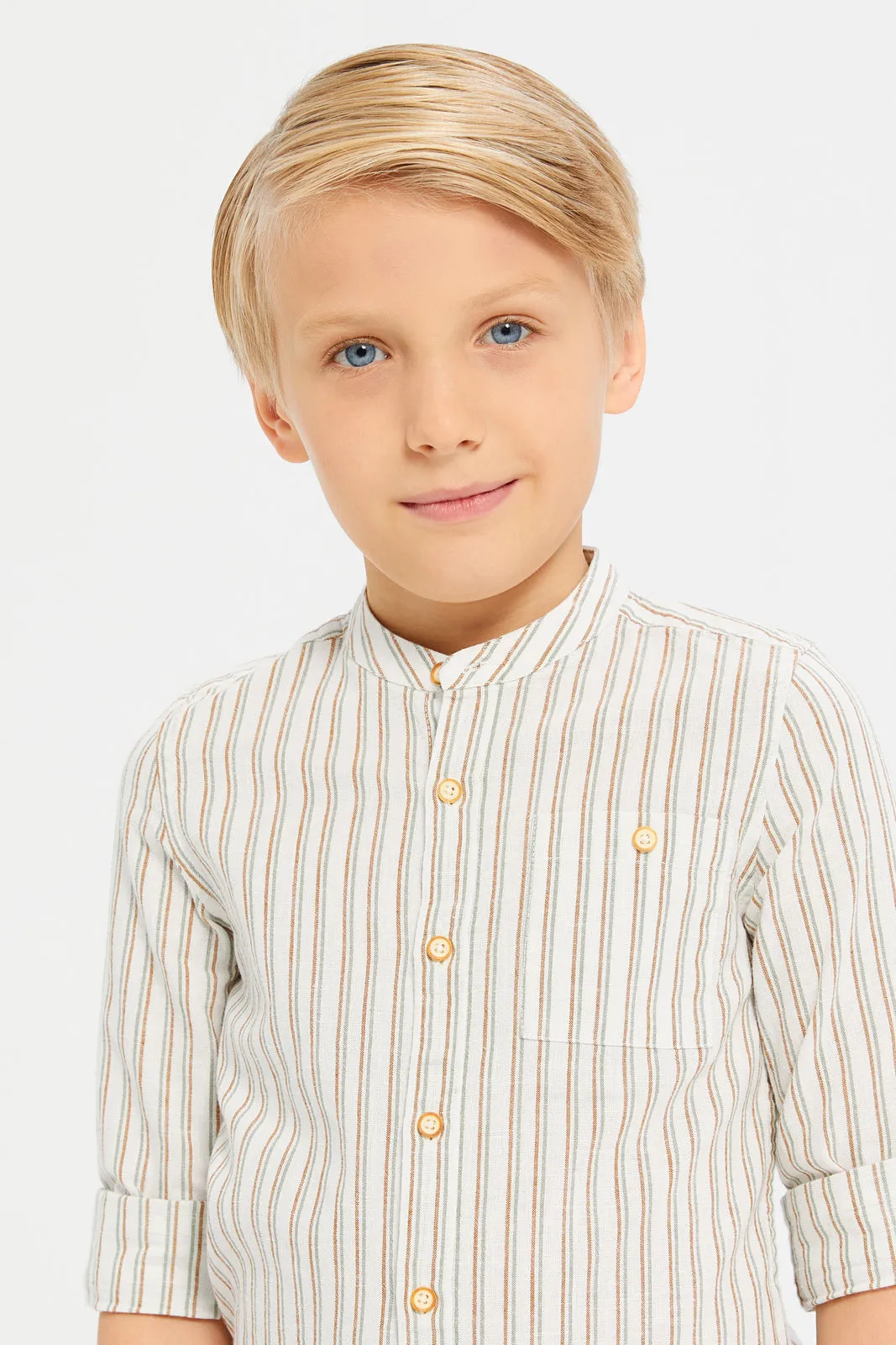 Boys White Stripe Mandarin Collar Shirt