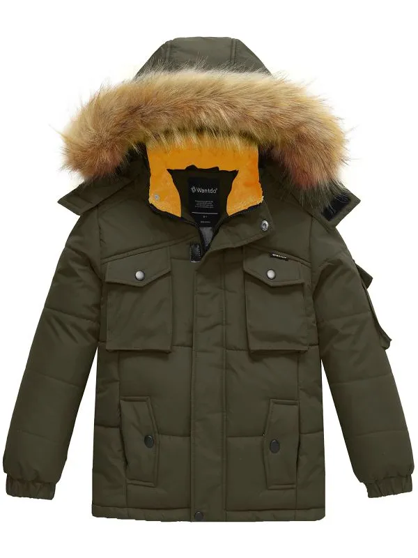 Boys Winter Parka Puffer Jacket with Removable Faux Fur Hood