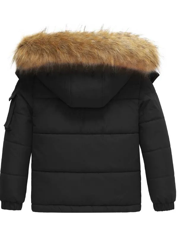 Boys Winter Parka Puffer Jacket with Removable Faux Fur Hood