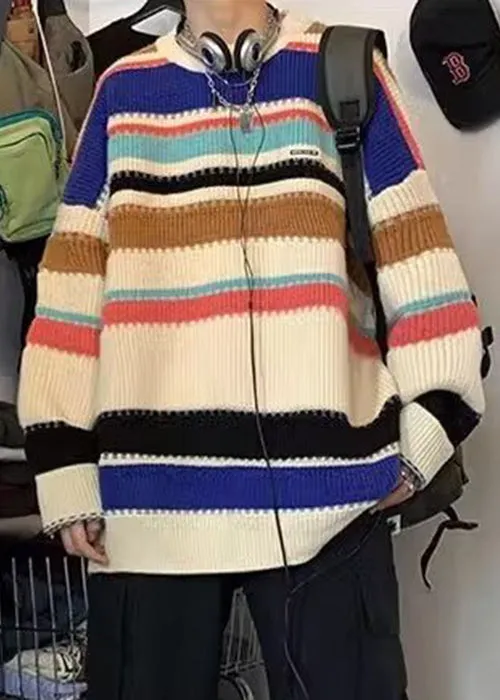 Chic Rainbow Striped Cozy Knit Mens Sweaters Winter QF025