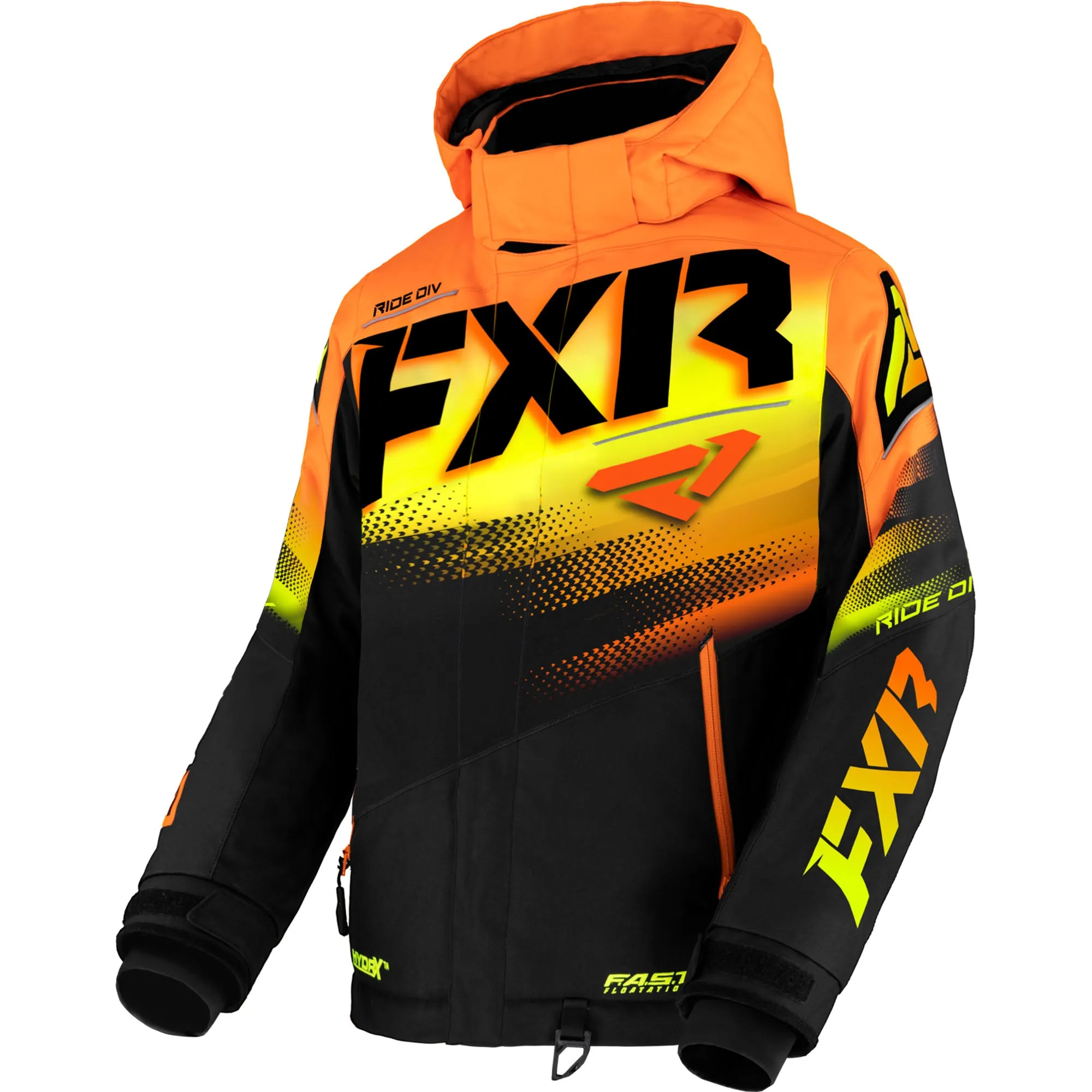 FXR Child Boost Snowmobile Jacket Black/Orange-HiVis Fade