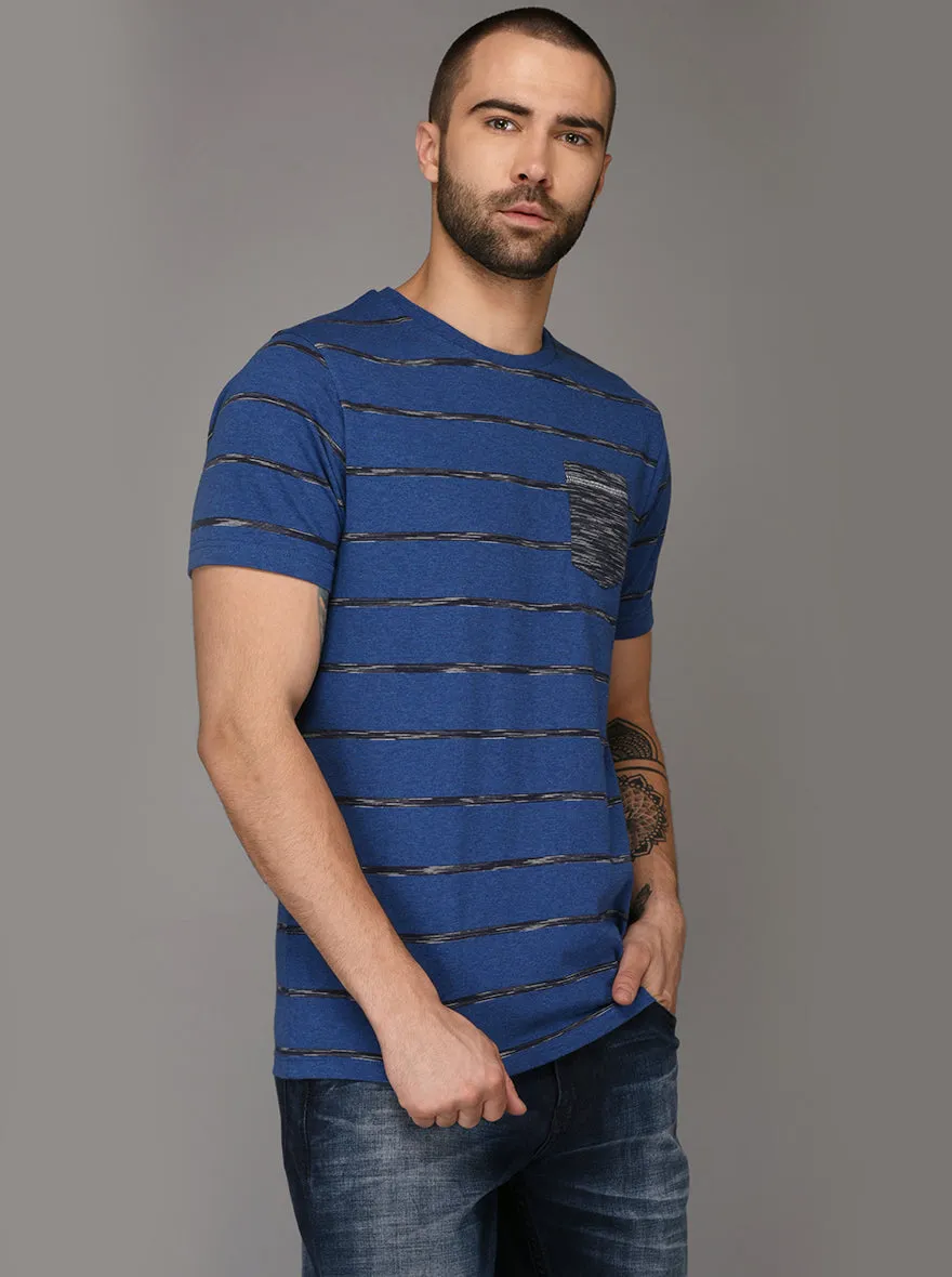 Greenfibre Blue Melange Striped Slim Fit Round Neck T-Shirt