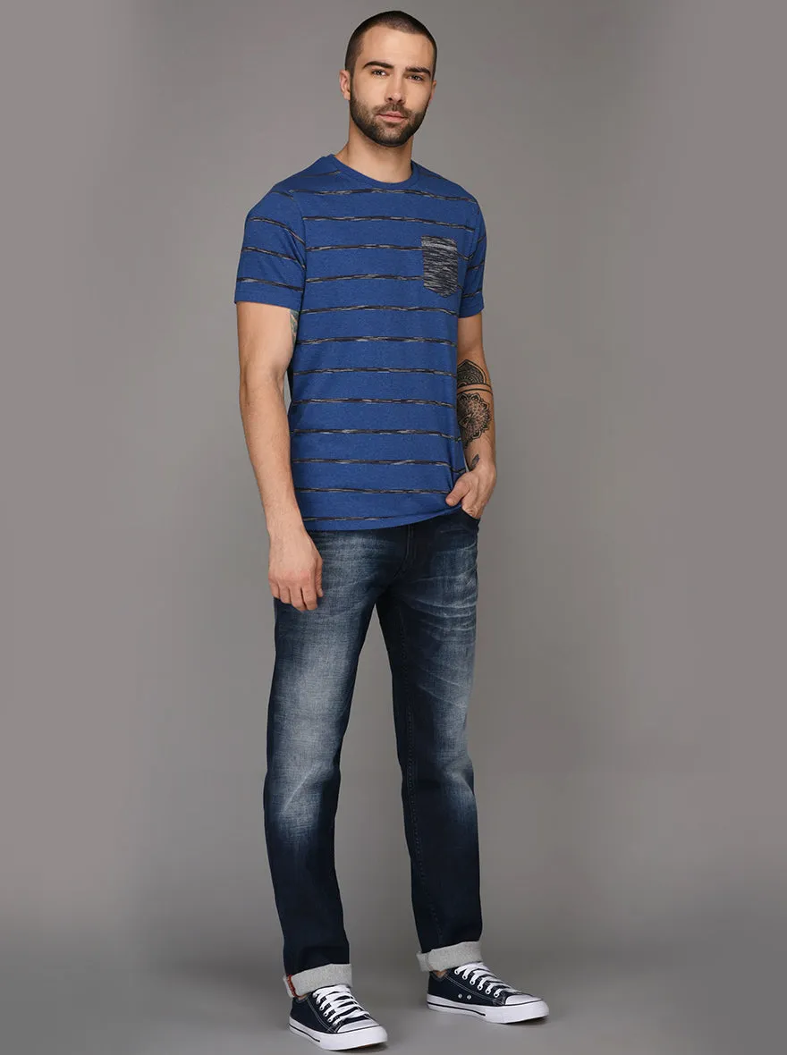 Greenfibre Blue Melange Striped Slim Fit Round Neck T-Shirt