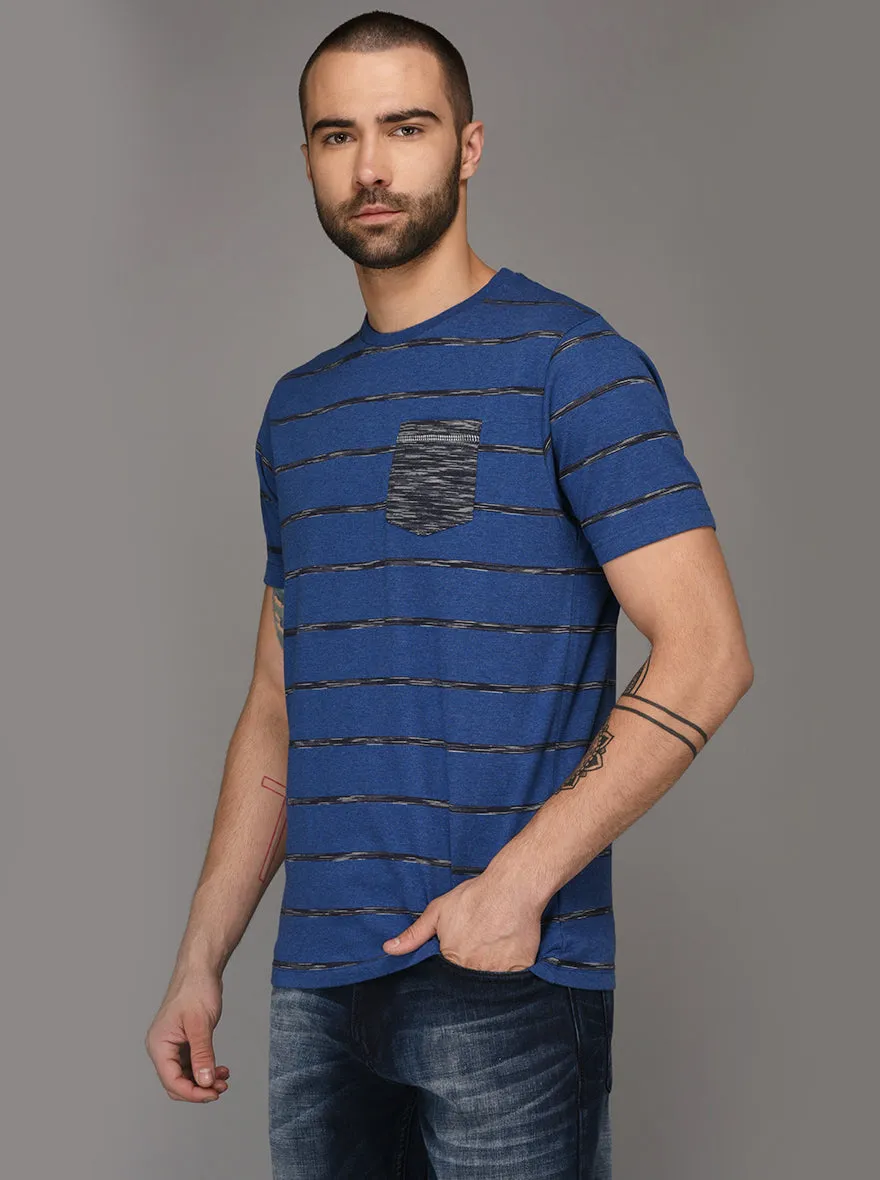 Greenfibre Blue Melange Striped Slim Fit Round Neck T-Shirt