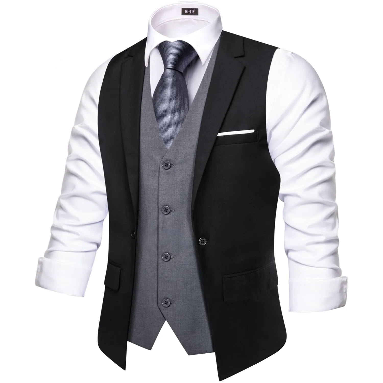 Hi-Tie Suit Vest Layered Waistcoat Black Gray Vests for Wedding