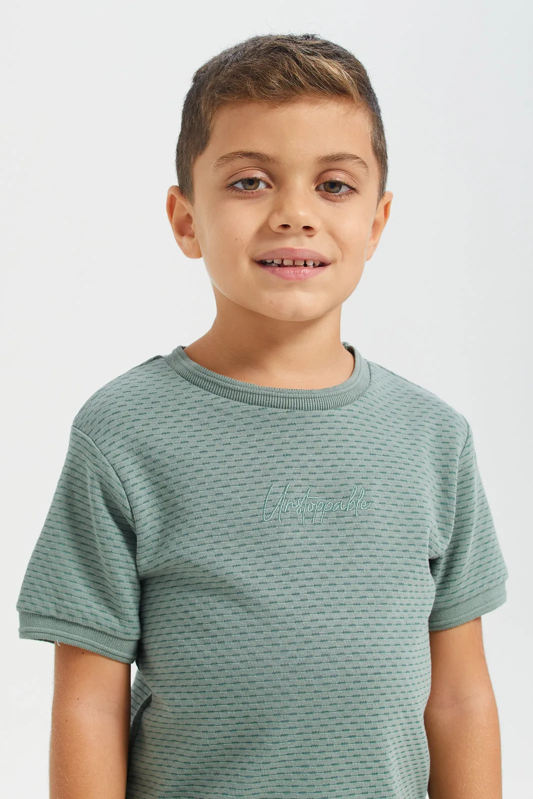 Junior Boys Sage Green Jacquard Tshirt