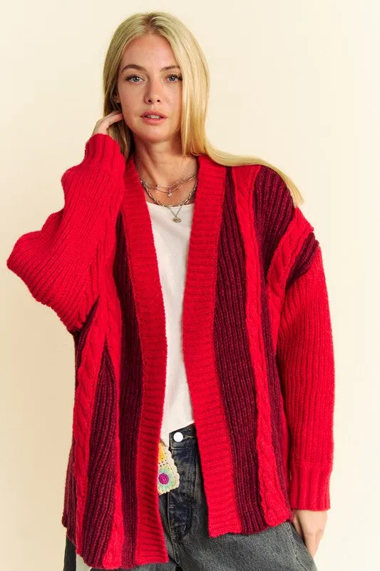 kesley red Cable-Knit Color Block Open Front Cardigan