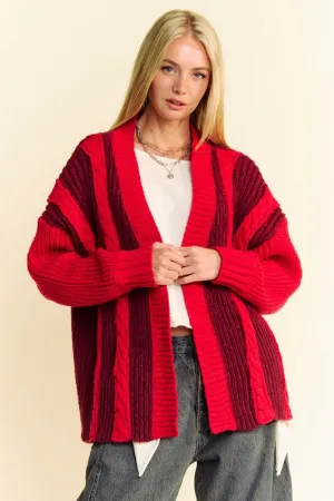 kesley red Cable-Knit Color Block Open Front Cardigan